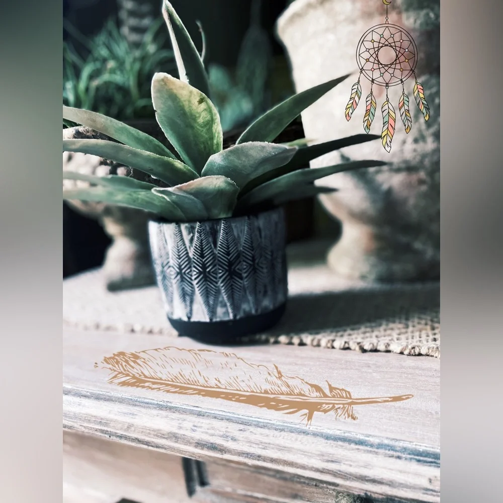 Hand Painted Clay Pot Black and White Feather Pattern - 4.5 Inch